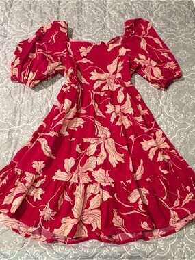 Express Red and Cream Floral Puff-Sleeve Dress